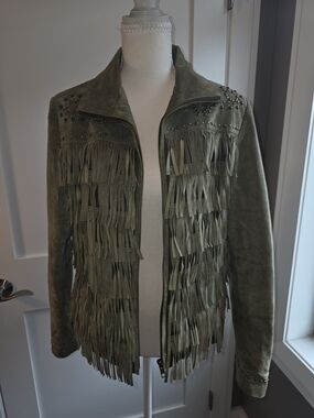 Scully Genuine Leather Fringe Jacket Olive Green Western Studded Size Large